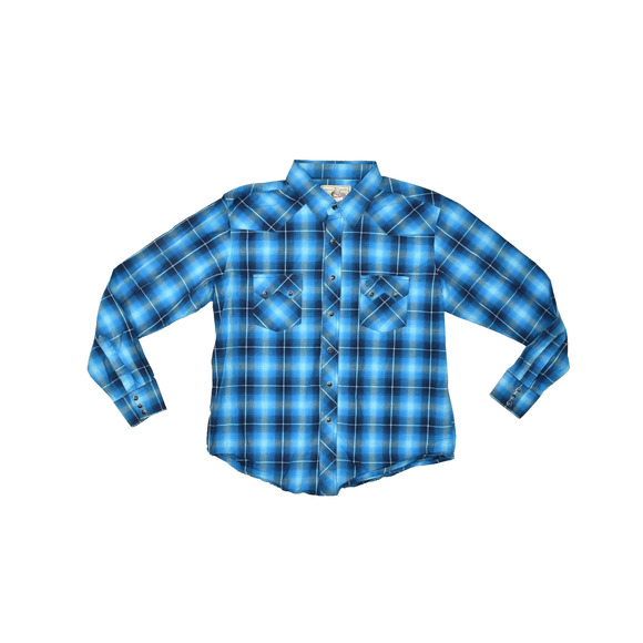 Women's Wrangler Button Tops Size L Long Sleeve Western Plaid Blue Pearl Snap - Picture 1 of 8